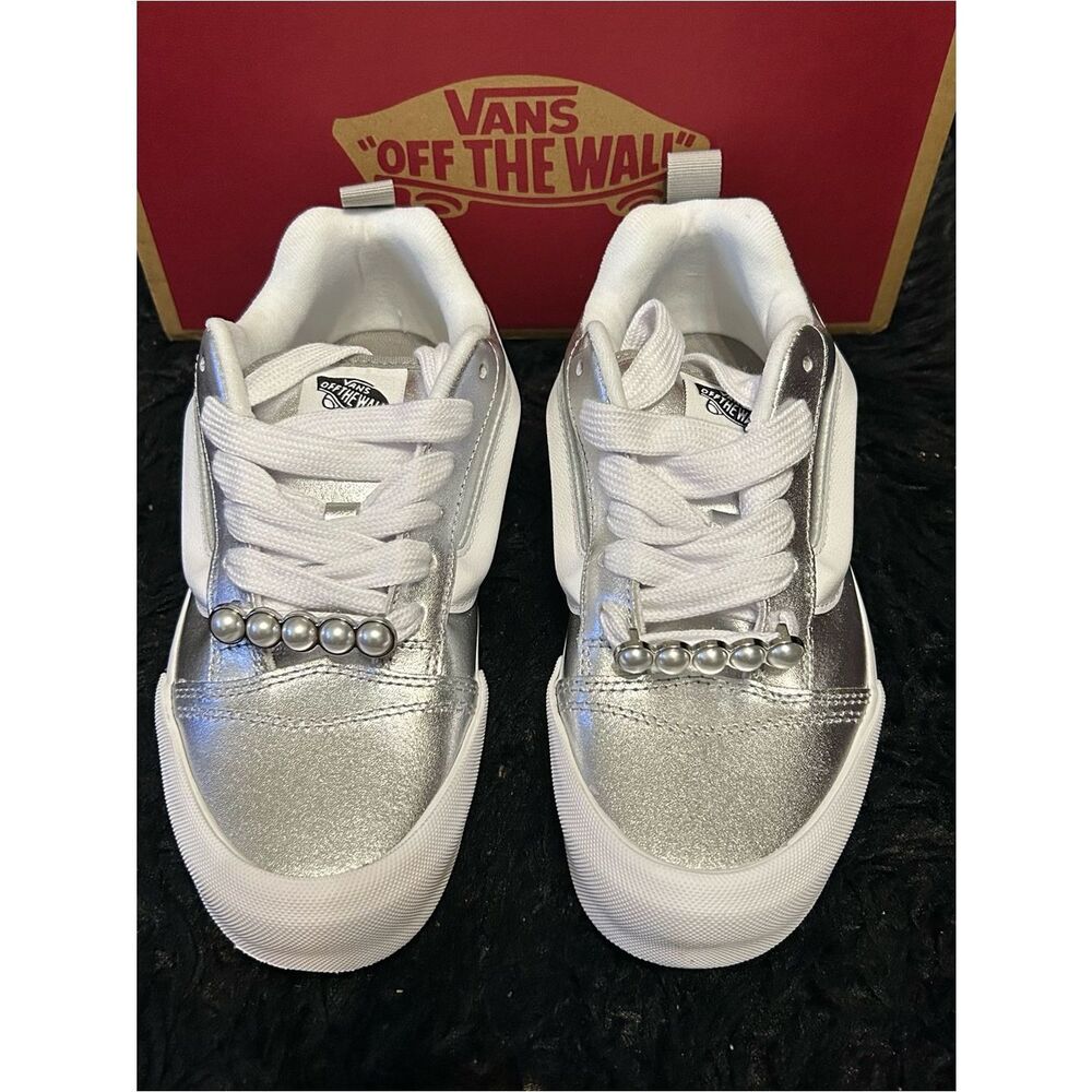 VANS knu skool metallic silver leather lace up shoes sneakers sz 7.5 new - Picture 6 of 7